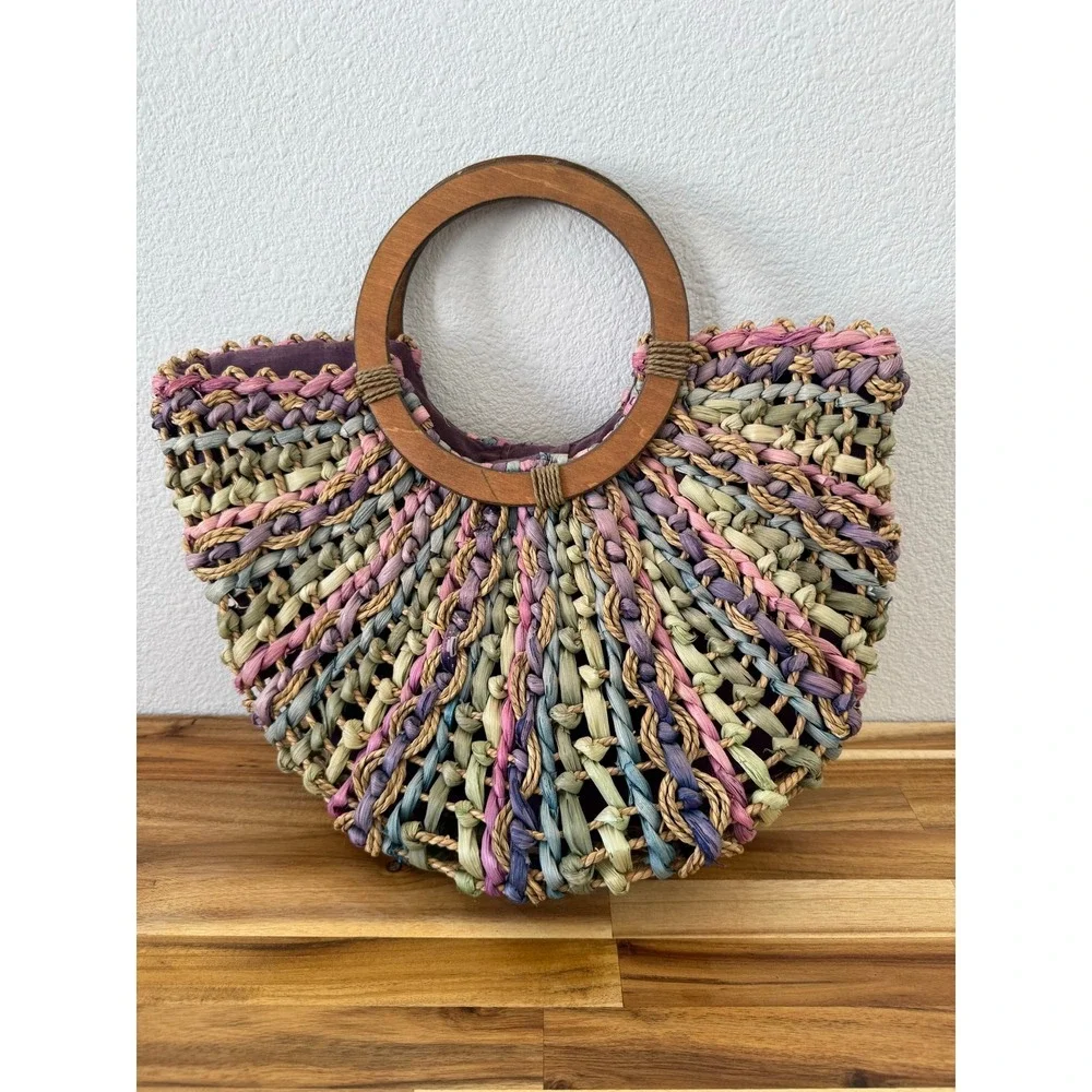 Vtg Capelli Straworld Dorfman Pacific Straw Bag Multicolored Pastel Wood Handles